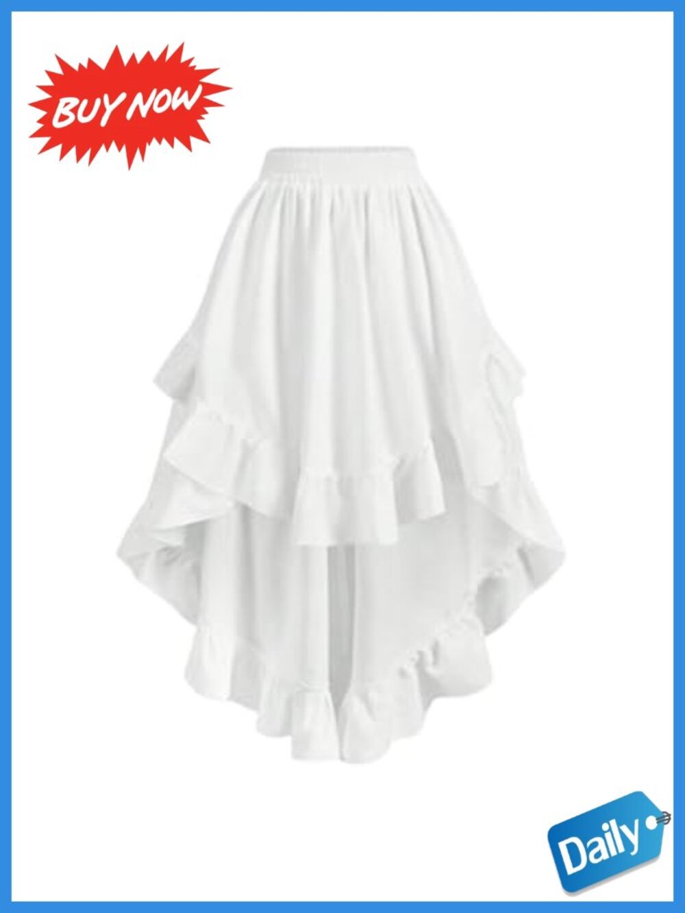 Asymmetrical Midi Skirt Flowy Ruffle High Low Elastic Waist A-Line